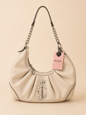 NWT Juicy Couture Beige Rhinestone Logo Hobo Bag ✨ Chain Accent • Y2K Luxe
